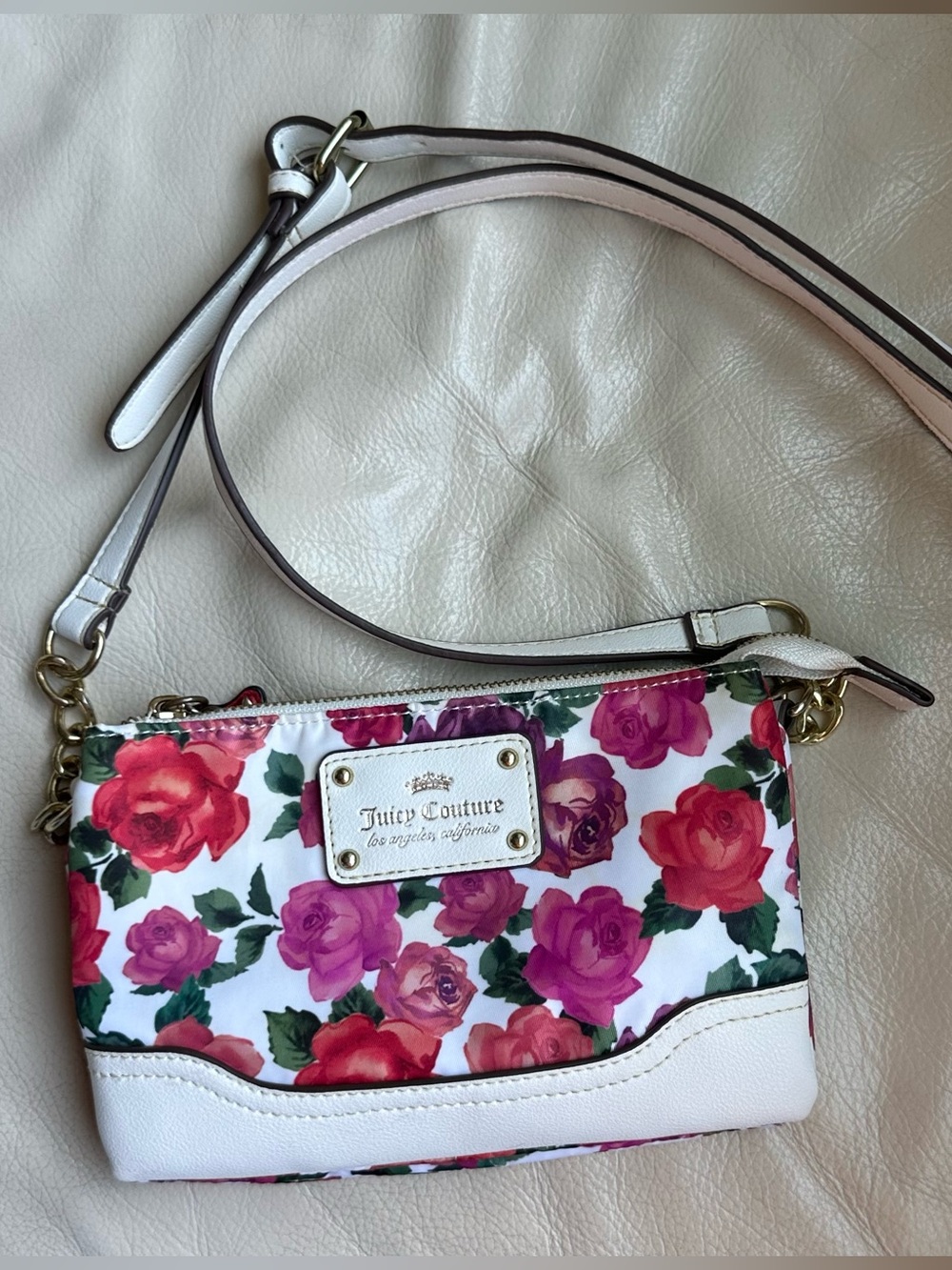 Juicy Couture White Crossbody with Pink & Red Rose Print